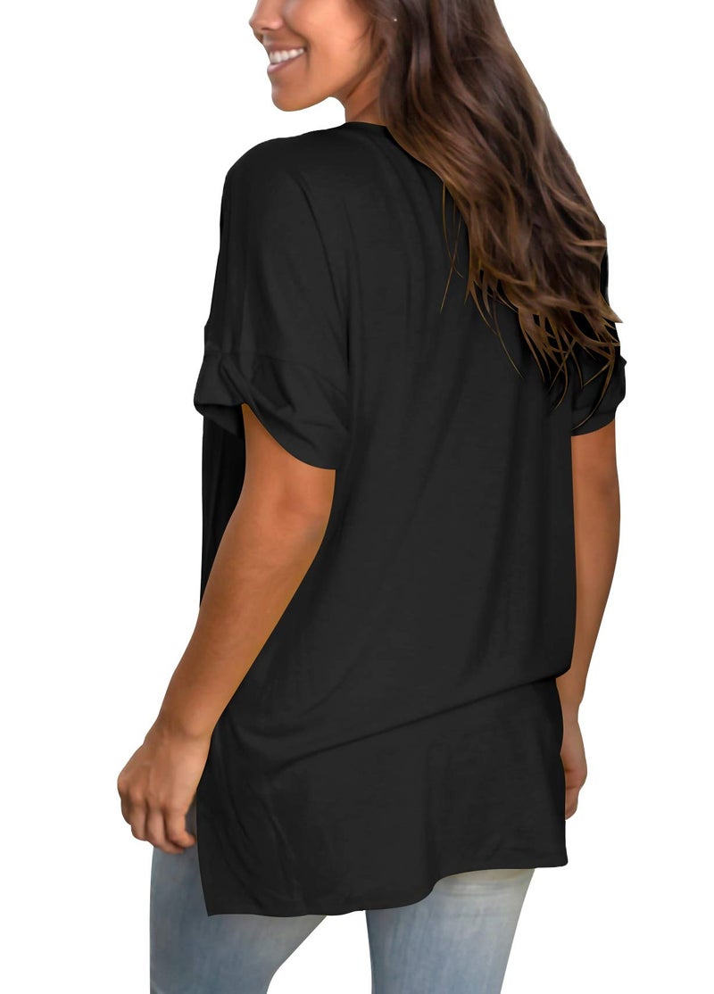 SAMPEEL V Neck T Shirts Women Short Sleeve Tee Tops Summer Loose Casual High Low Black S - Image 3